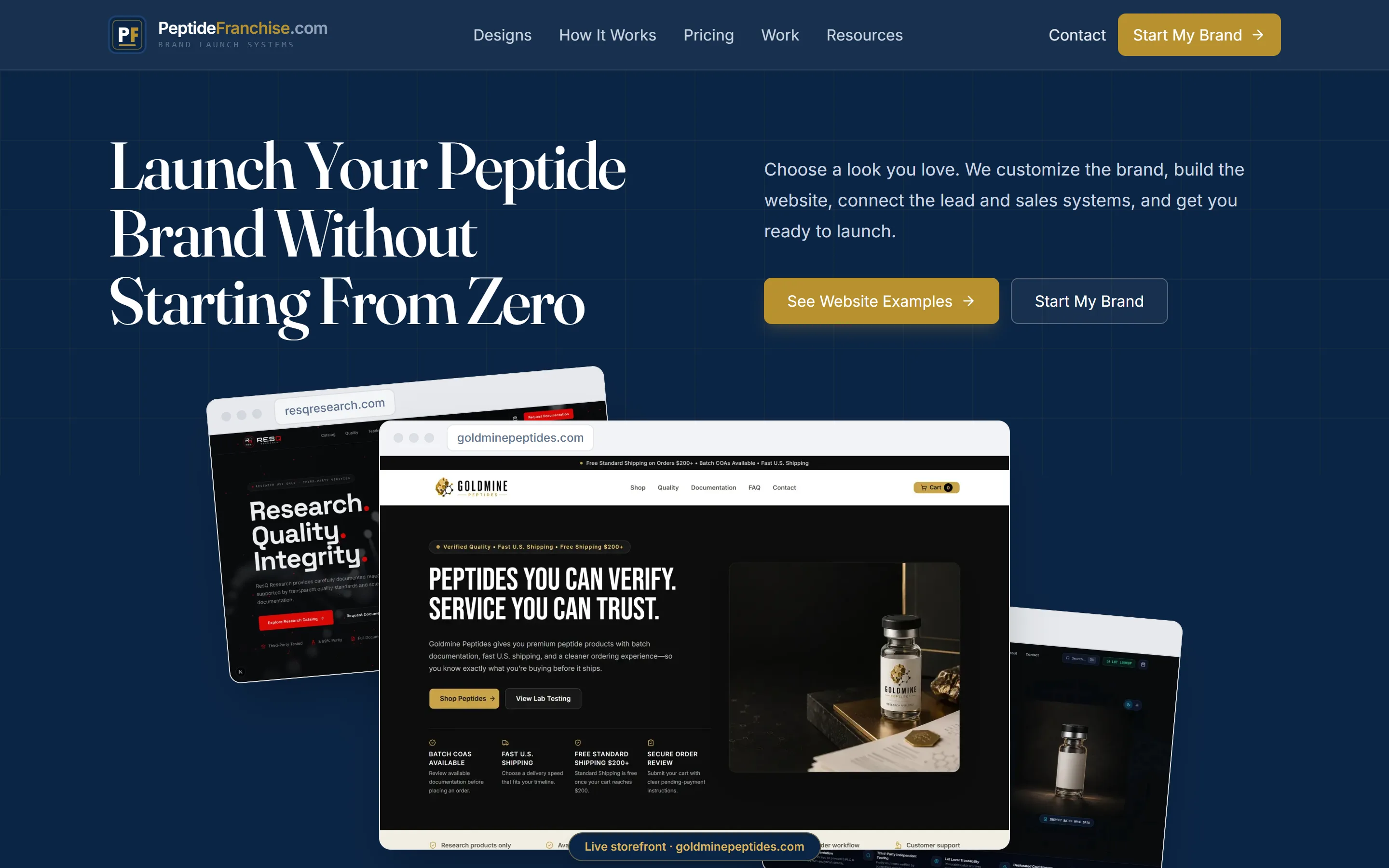 PeptideFranchise.com homepage showing launched storefronts including goldminepeptides.com