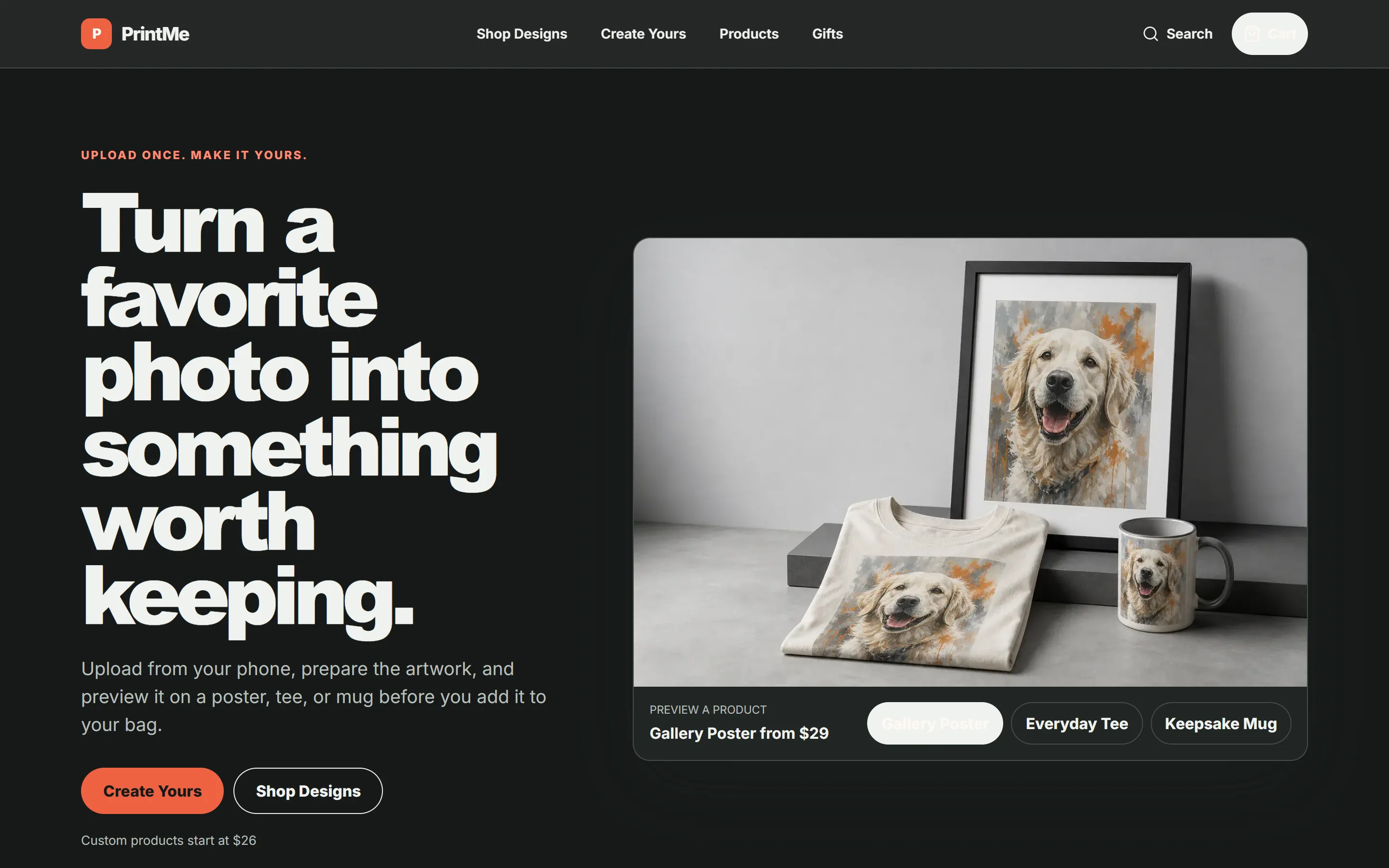PrintMe homepage showing a photo previewed as a framed poster, tee and mug