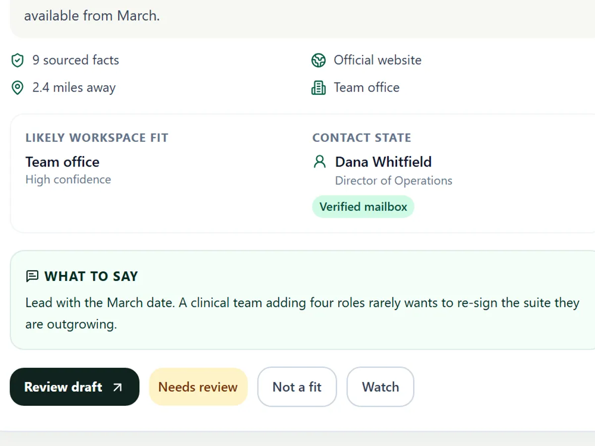 Prospector suggested approach for a sample prospect with a Review draft button, where a person approves before anything is sent