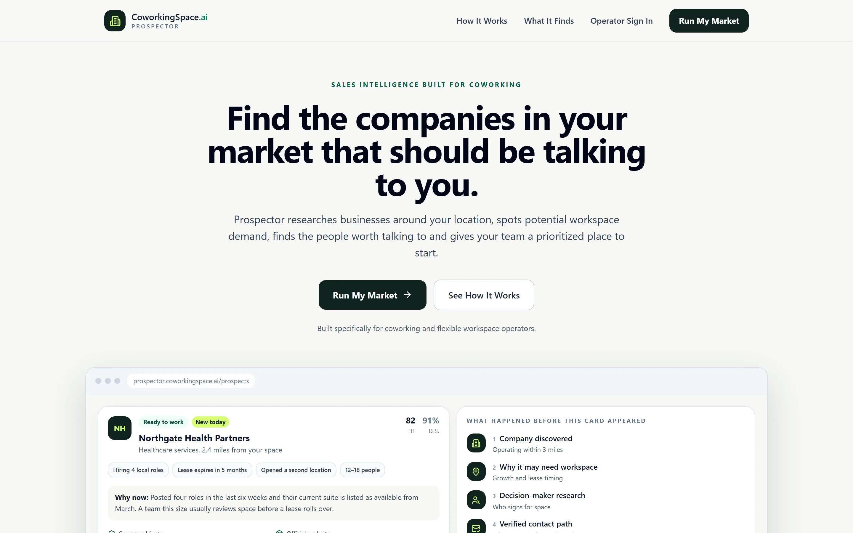 Prospector homepage showing a scored prospect card with hiring and lease-timing signals and the research trail behind it