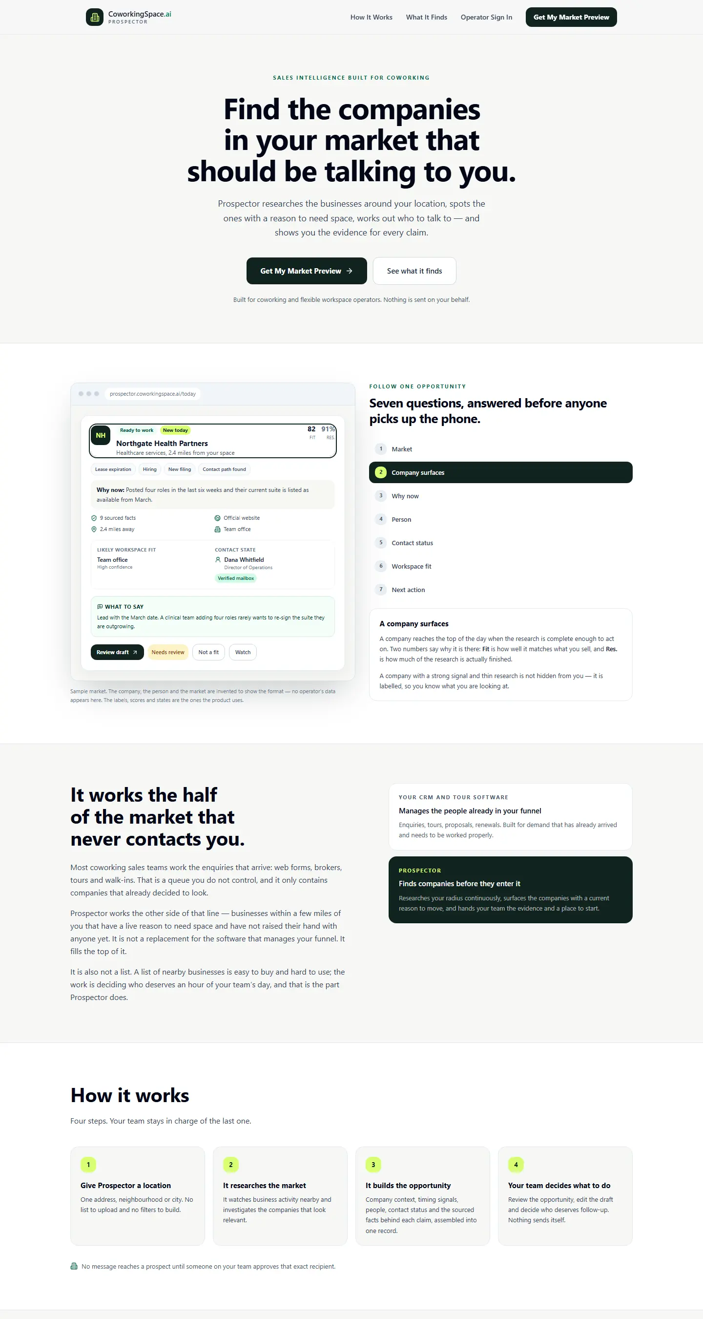 Prospector homepage: "Find the companies in your market that should be talking to you" with a Get My Market Preview button