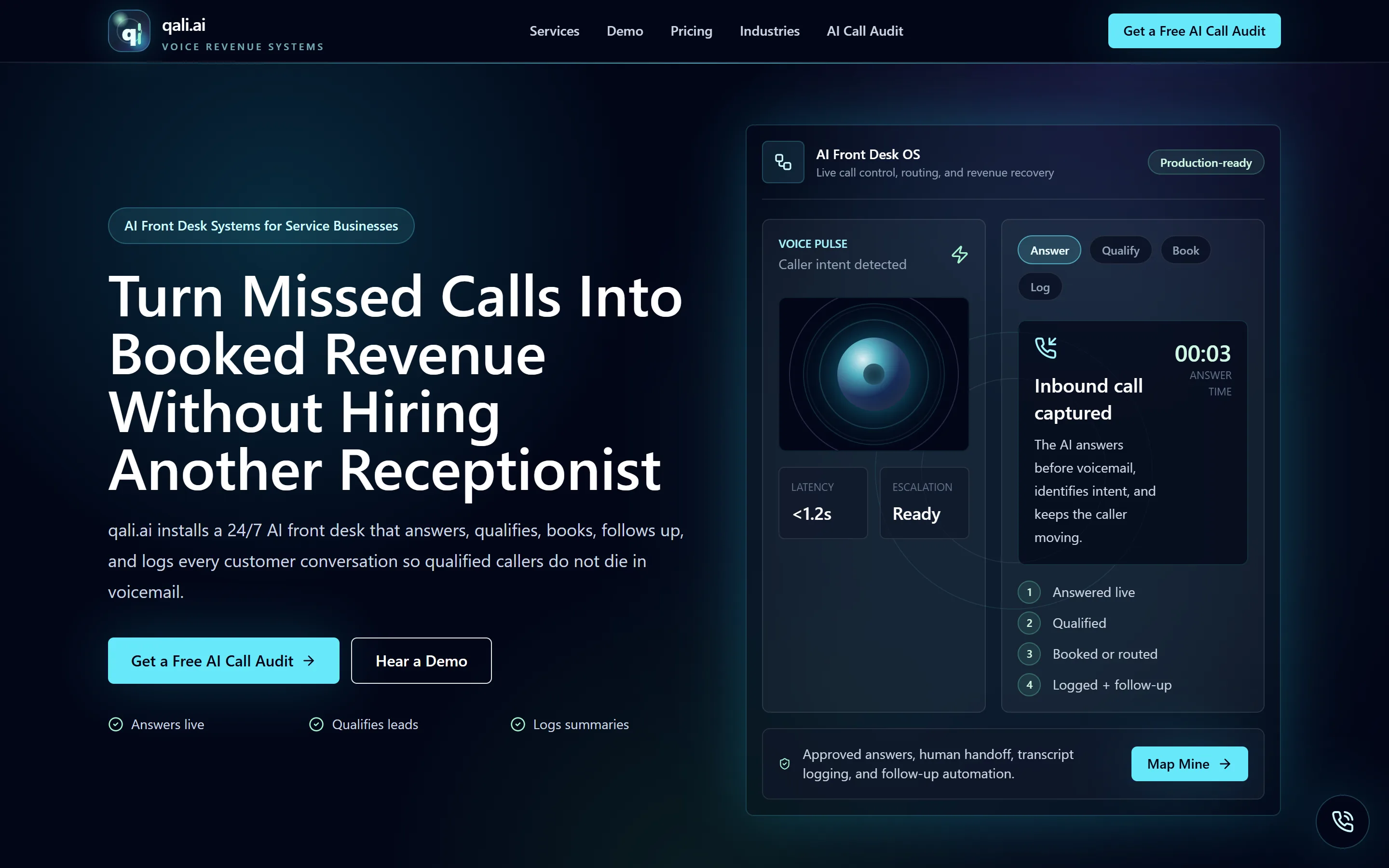 qali.ai homepage showing a live call being answered, qualified, booked and logged