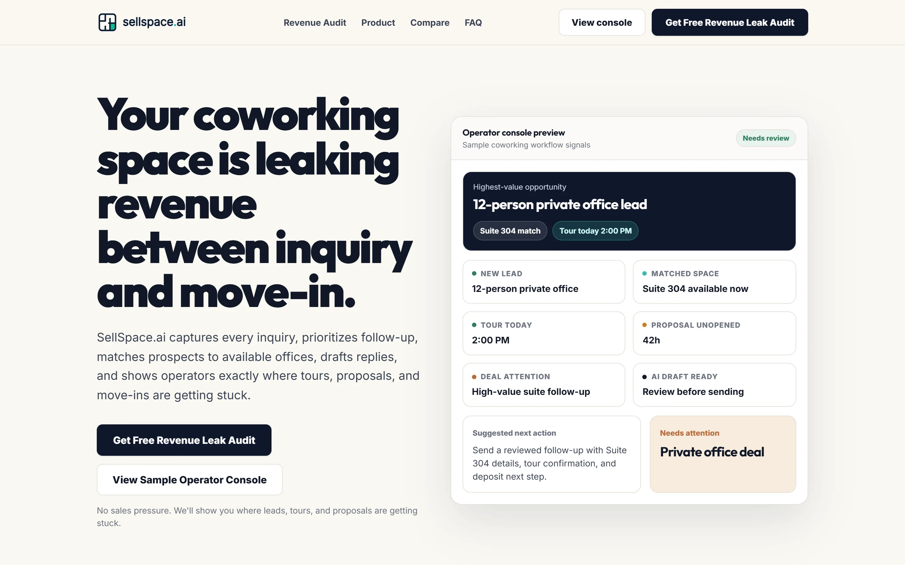 SellSpace.ai homepage showing an operator console with lead, matched space and tour signals