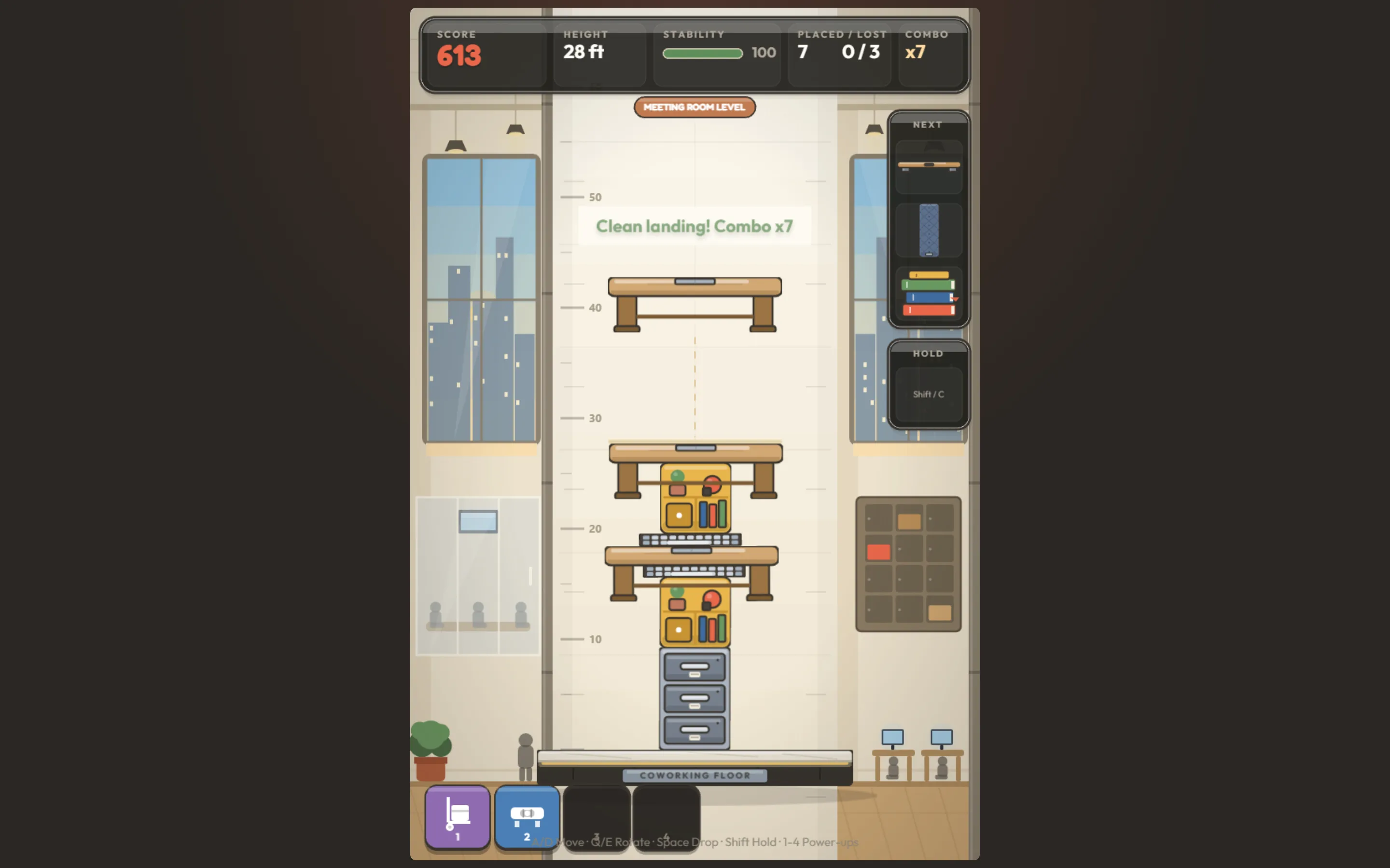 Stack the Space mid-game: a tower of desks, filing cabinets and shelving with a "Clean landing! Combo x7" message