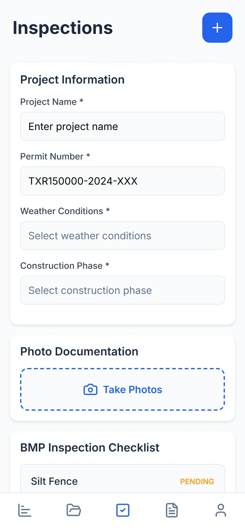 StormSnap inspection form: project, permit number, weather, construction phase, photo documentation and a BMP checklist
