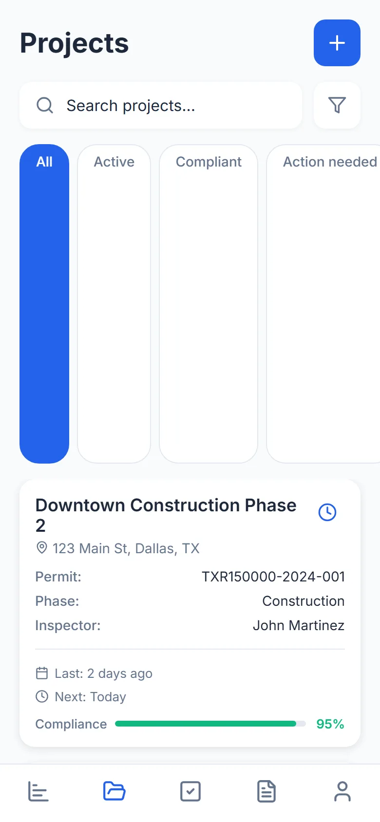 StormSnap projects list: Downtown Construction Phase 2 in Dallas with its permit number, phase, inspector and compliance bar (sample data)