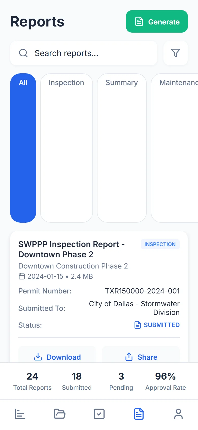StormSnap reports: a SWPPP inspection report submitted to the City of Dallas stormwater division, with download and share (sample data)